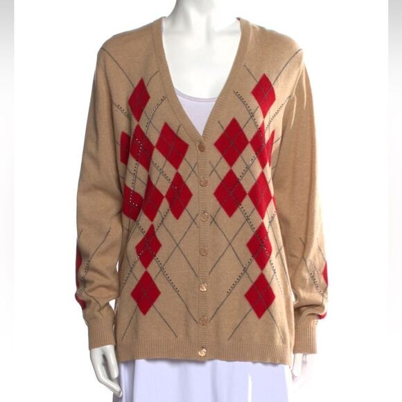 ESCADA Argyle Wool Cashmere Blend Cardigan Luxury Sweater 42 Euro, Large Tan/Red - Picture 1 of 16